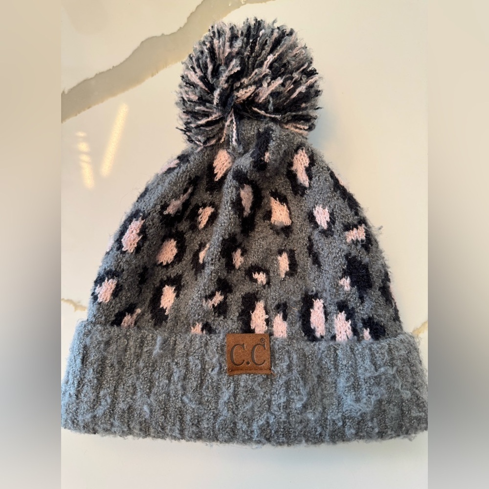 C.C Gray and Pink Pom-Pom Beanie